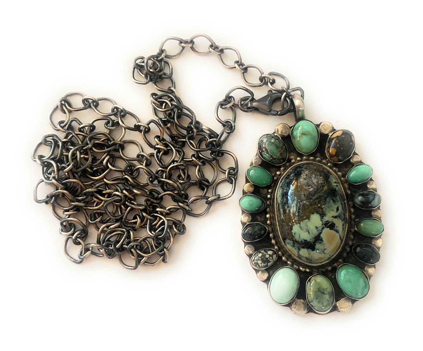 Navajo Sterling Silver & Tibetan Turquoise Cluster Necklace