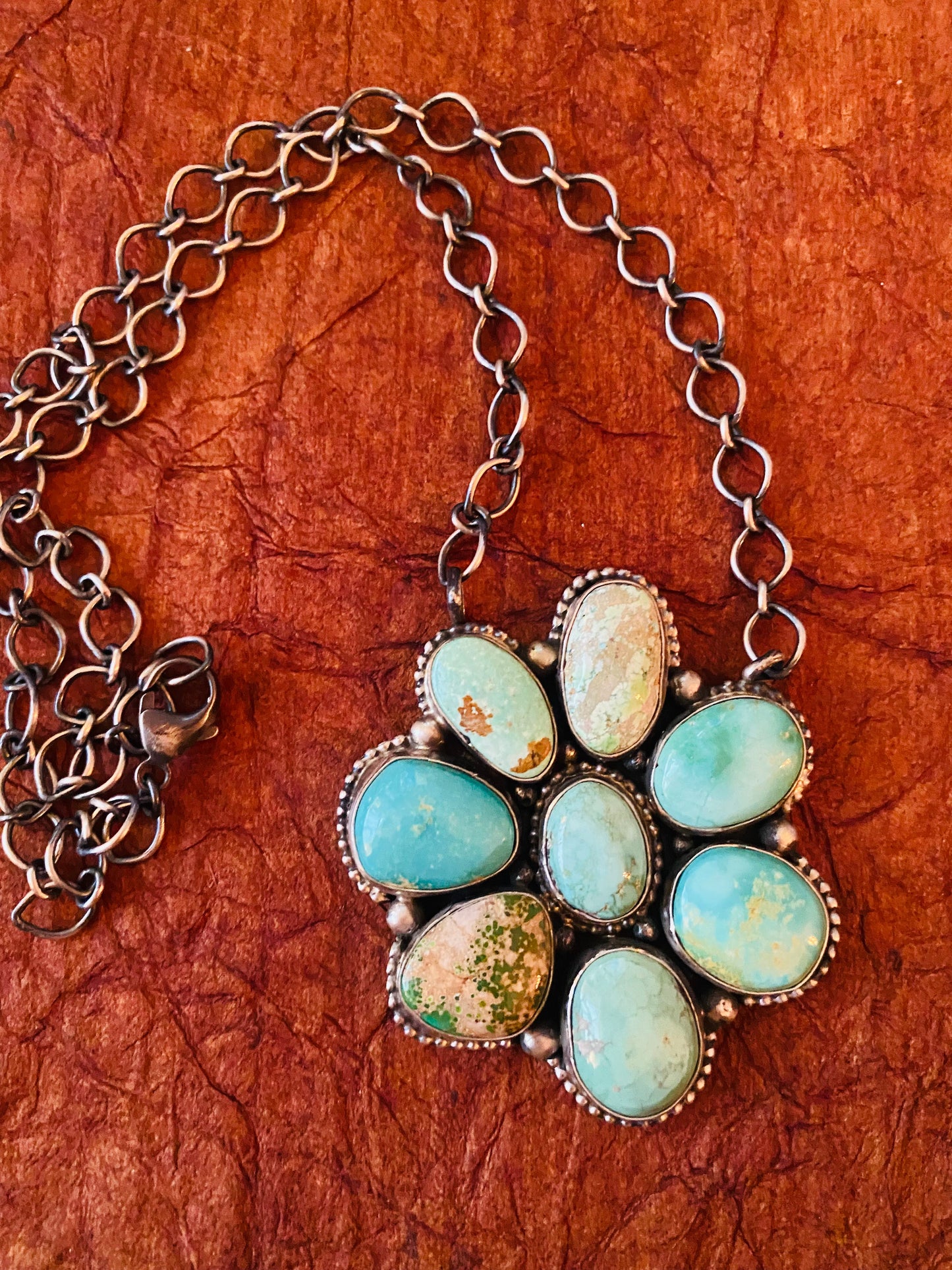 Navajo Sterling Silver & Carico Lake Turquoise Cluster Necklace