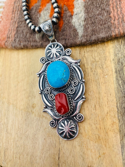 Navajo Sterling Silver, Kingman Turquoise & Coral Pendant Signed