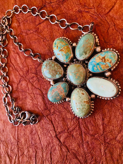 Navajo Sterling Silver & Carico Lake Turquoise Cluster Necklace