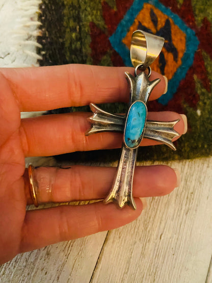 Navajo Sterling Silver & Turquoise Cross Pendant By Chimney Butte