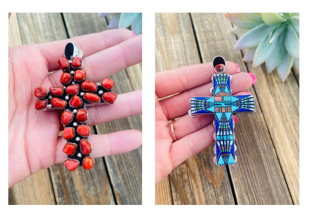 Navajo Multi Stone And Sterling Silver Two Sided Inlay Cross Pendant