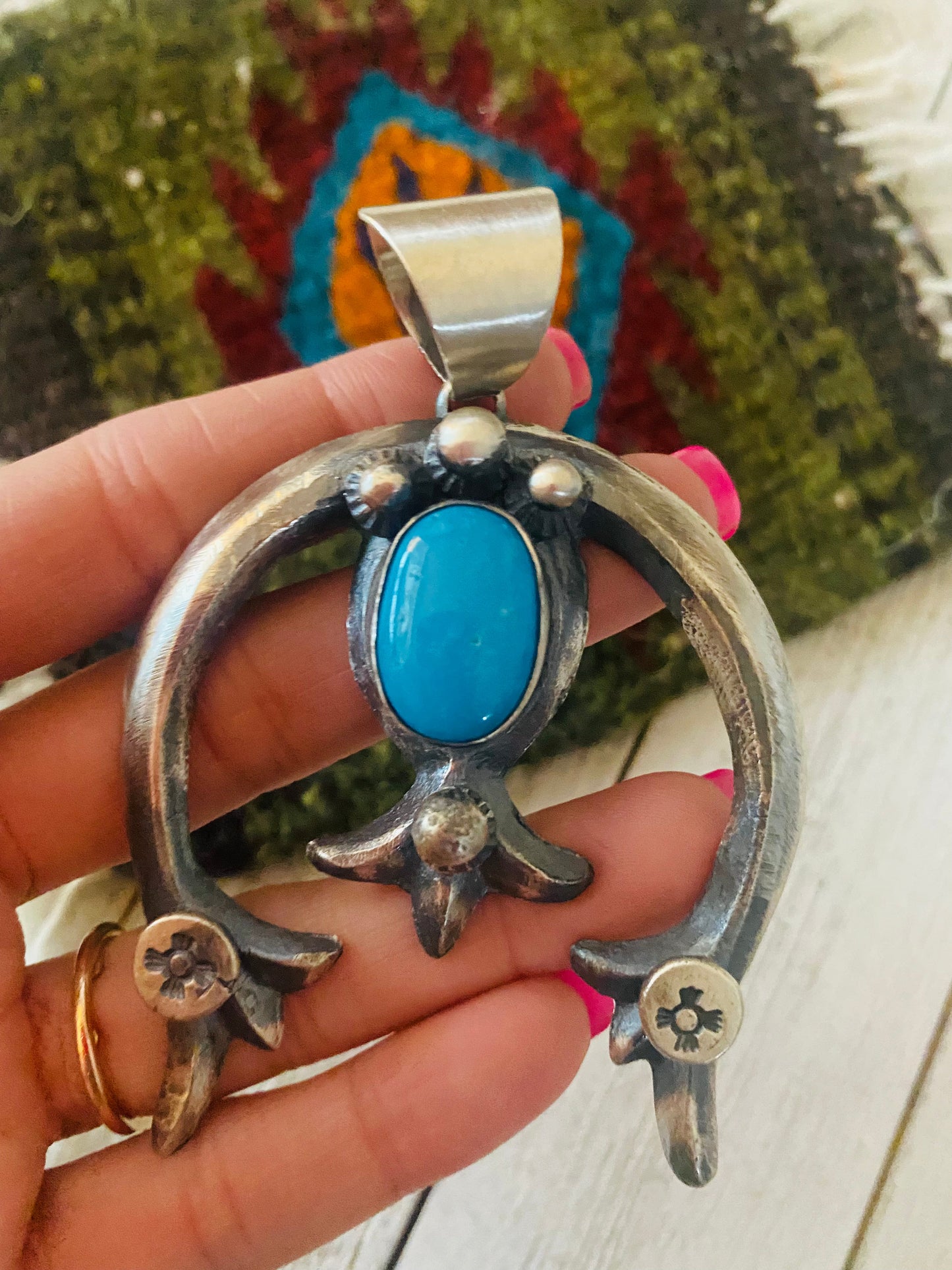 Navajo Sterling Silver & Turquoise Naja Pendant By Chimney Butte