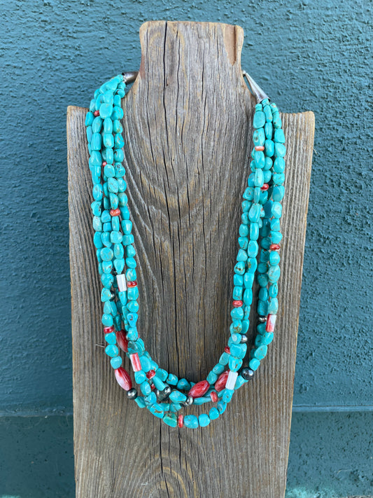 Navajo Turquoise & Sterling Silver 5 Strand Beaded Necklace