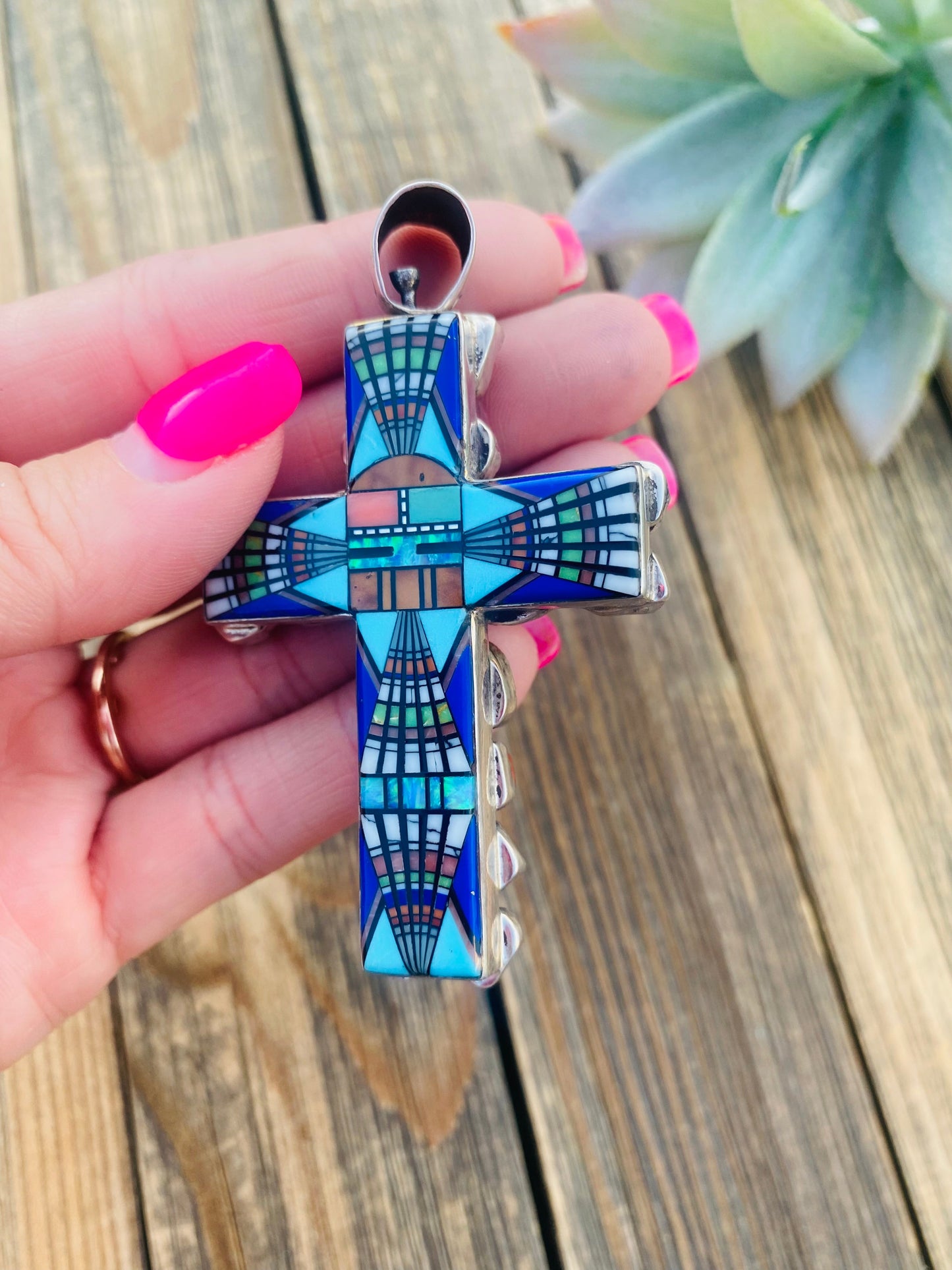 Navajo Multi Stone And Sterling Silver Two Sided Inlay Cross Pendant