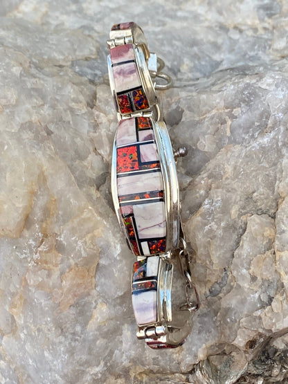 Navajo Onyx, Purple Spiny, Coral & Sterling Silver Inlay Bracelet