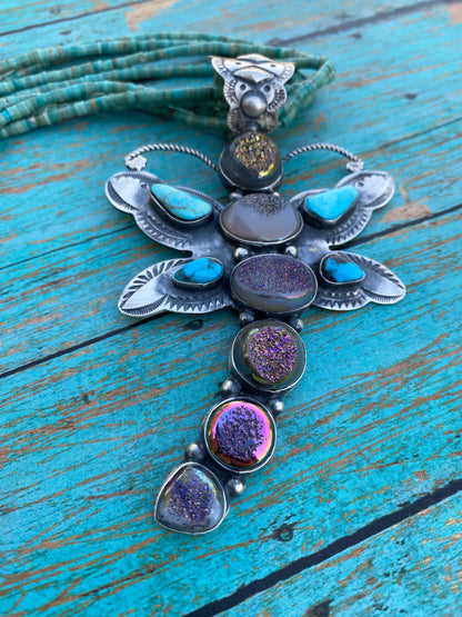 Shawn Cayatenito Sterling Silver Kingman Turquoise & Druzy Dragonfly Pendant