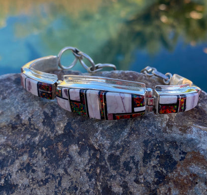 Navajo Onyx, Purple Spiny, Coral & Sterling Silver Inlay Bracelet