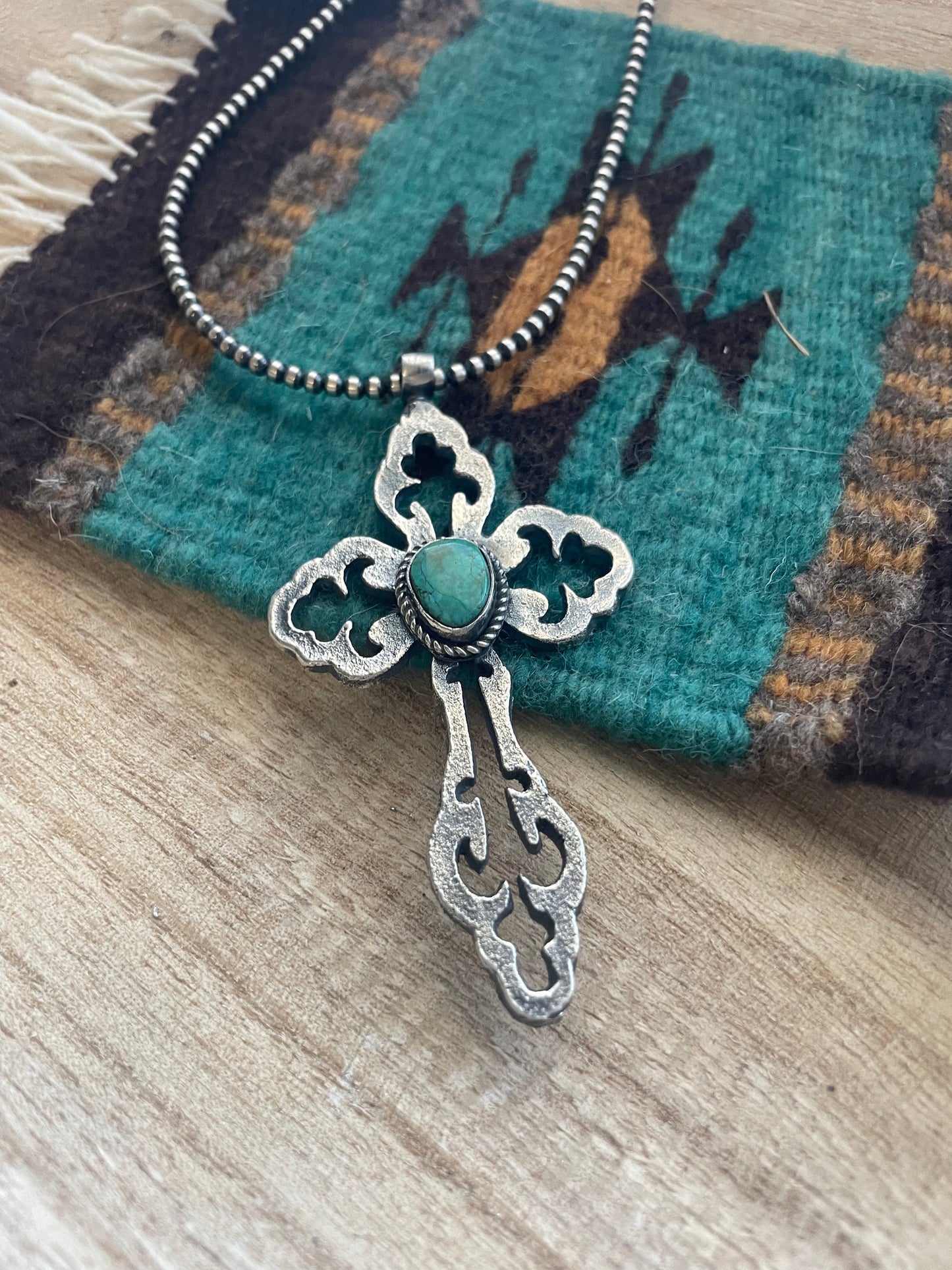 Navajo Sterling Silver & Turquoise Cross Pendant Signed Eugene Mitchell