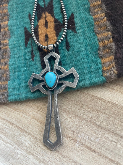 Navajo Sterling Silver & Turquoise Cross Pendant Signed Eugene Mitchell