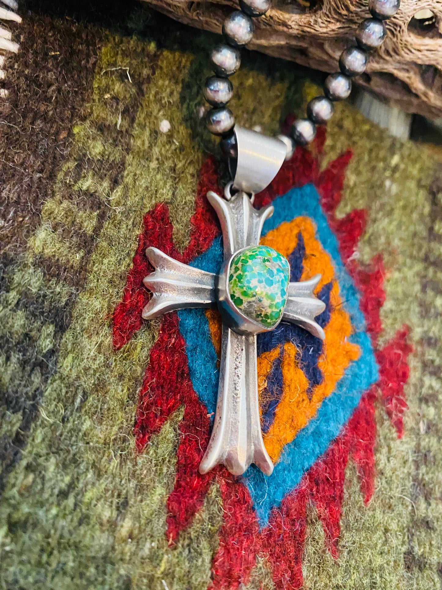 Navajo Sterling Silver & Sonoran Gold Turquoise Cross Pendant By Chimney Butte