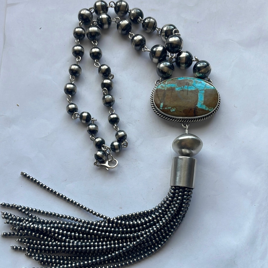 Navajo Sterling Silver & Number 8 Turquoise Necklace Signed Emer Thompson