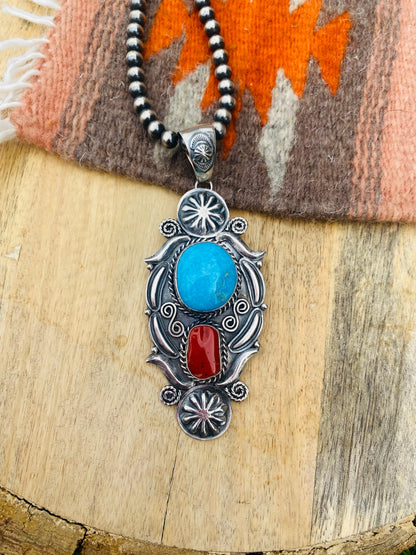 Navajo Sterling Silver, Kingman Turquoise & Coral Pendant Signed