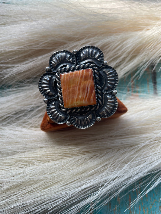 Kevin Billah Navajo Sterling & Orange Spiny Flower Ring Adjustable