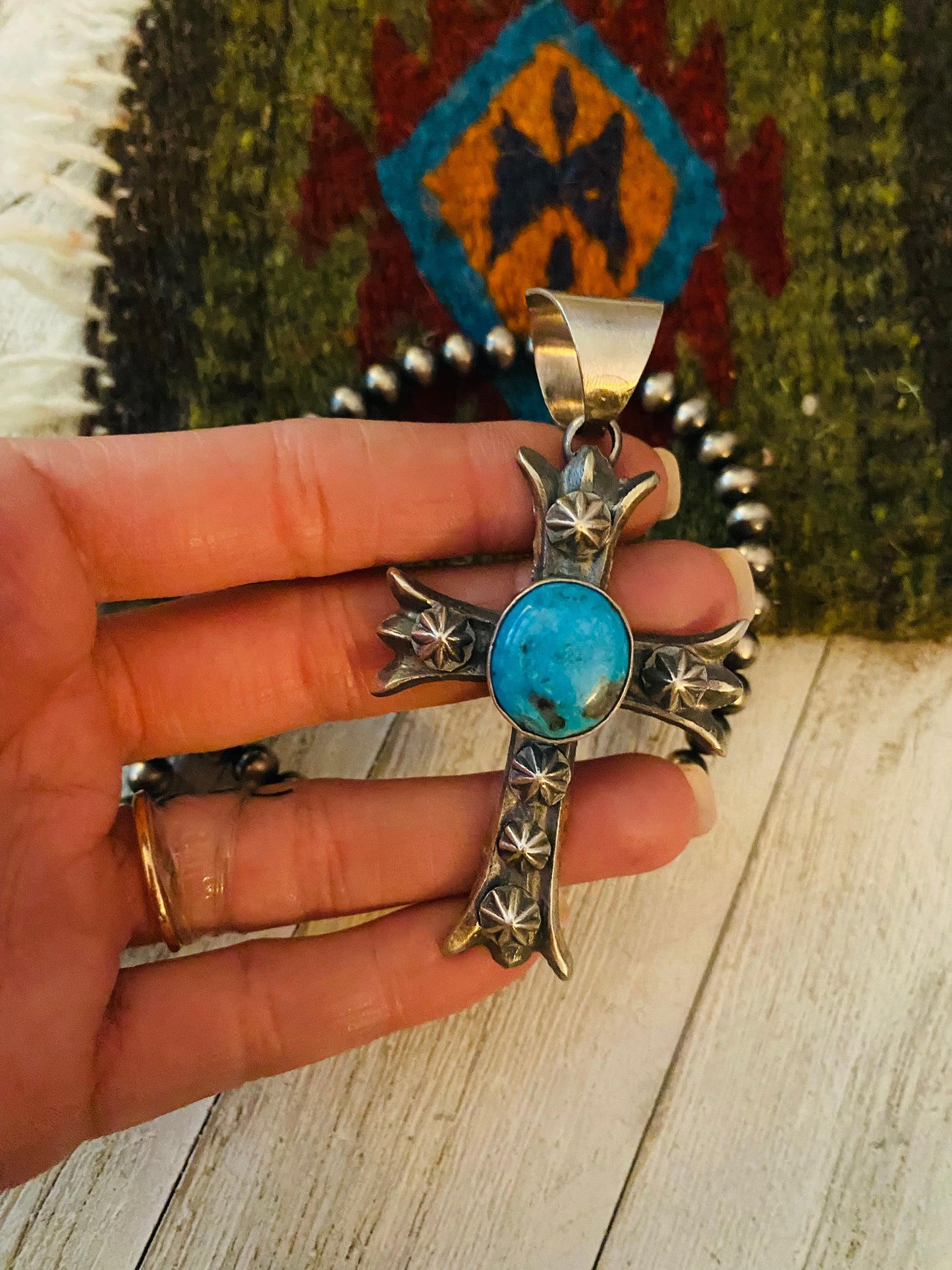 Navajo Sterling Silver & Turquoise Cross Pendant By Chimney Butte