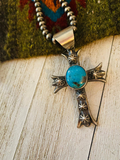 Navajo Sterling Silver & Turquoise Cross Pendant By Chimney Butte