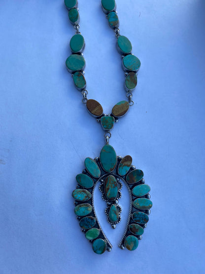 Navajo Sterling Silver & Royston Turquoise Drop Necklace Signed