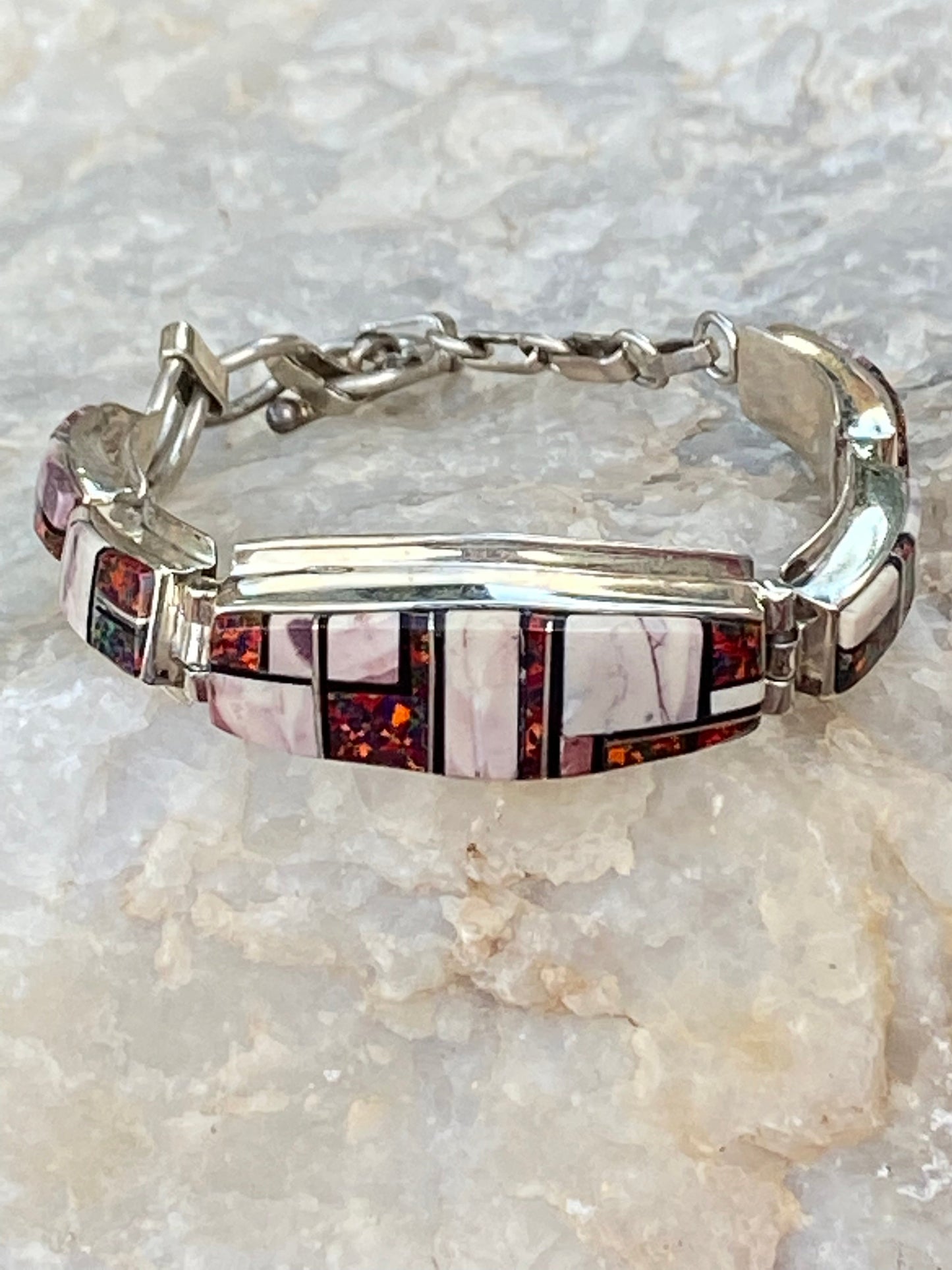 Navajo Onyx, Purple Spiny, Coral & Sterling Silver Inlay Bracelet