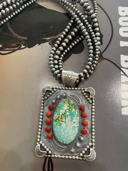 Navajo Coral, Sonoran Turquoise & Sterling Silver 3 Strand Necklace Signed