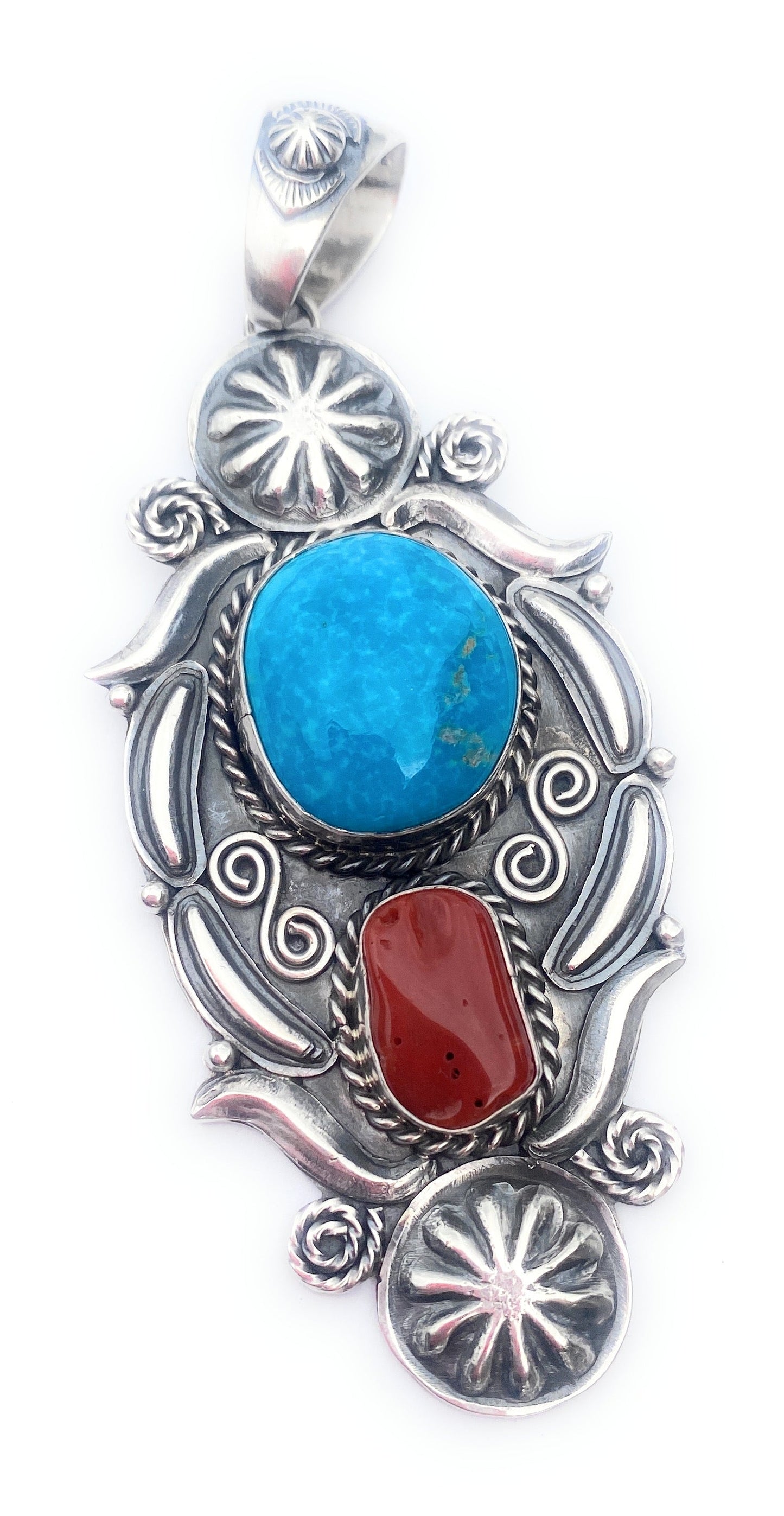 Navajo Sterling Silver, Kingman Turquoise & Coral Pendant Signed