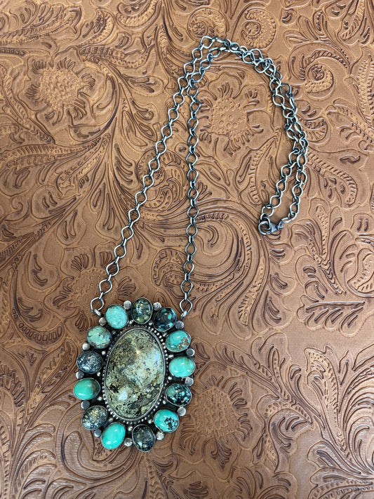 Navajo Royston & Calico Turquoise & Sterling Silver Cluster Necklace Signed