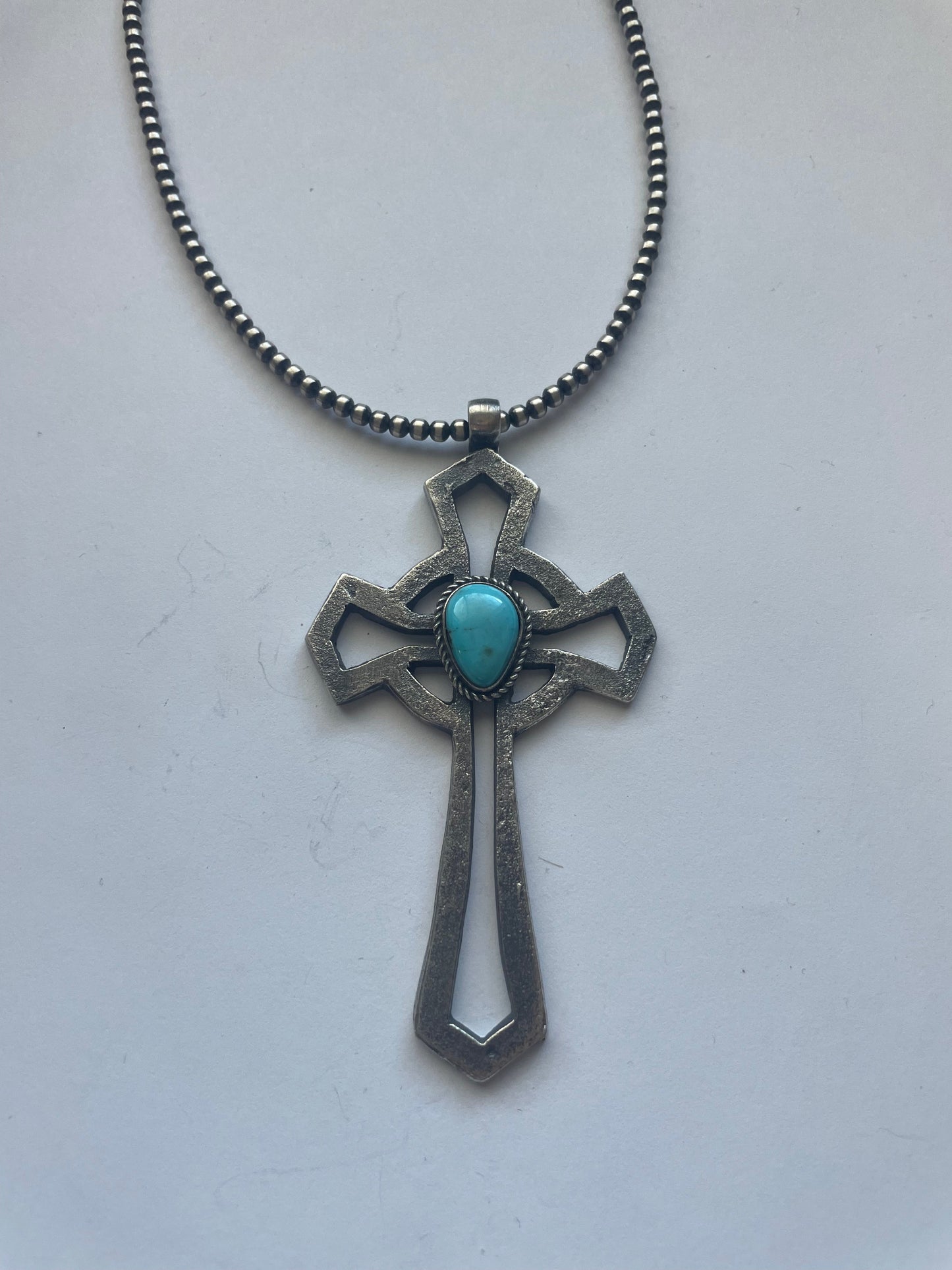 Navajo Sterling Silver & Turquoise Cross Pendant Signed Eugene Mitchell