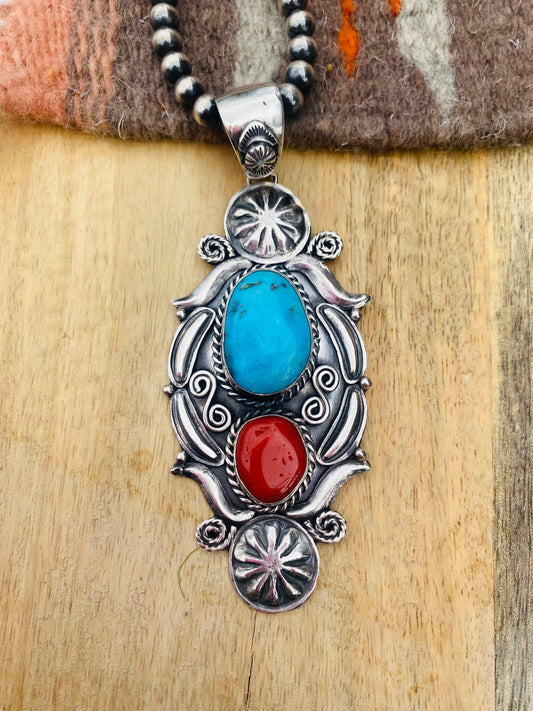 Navajo Sterling Silver, Kingman Turquoise & Coral Pendant Signed