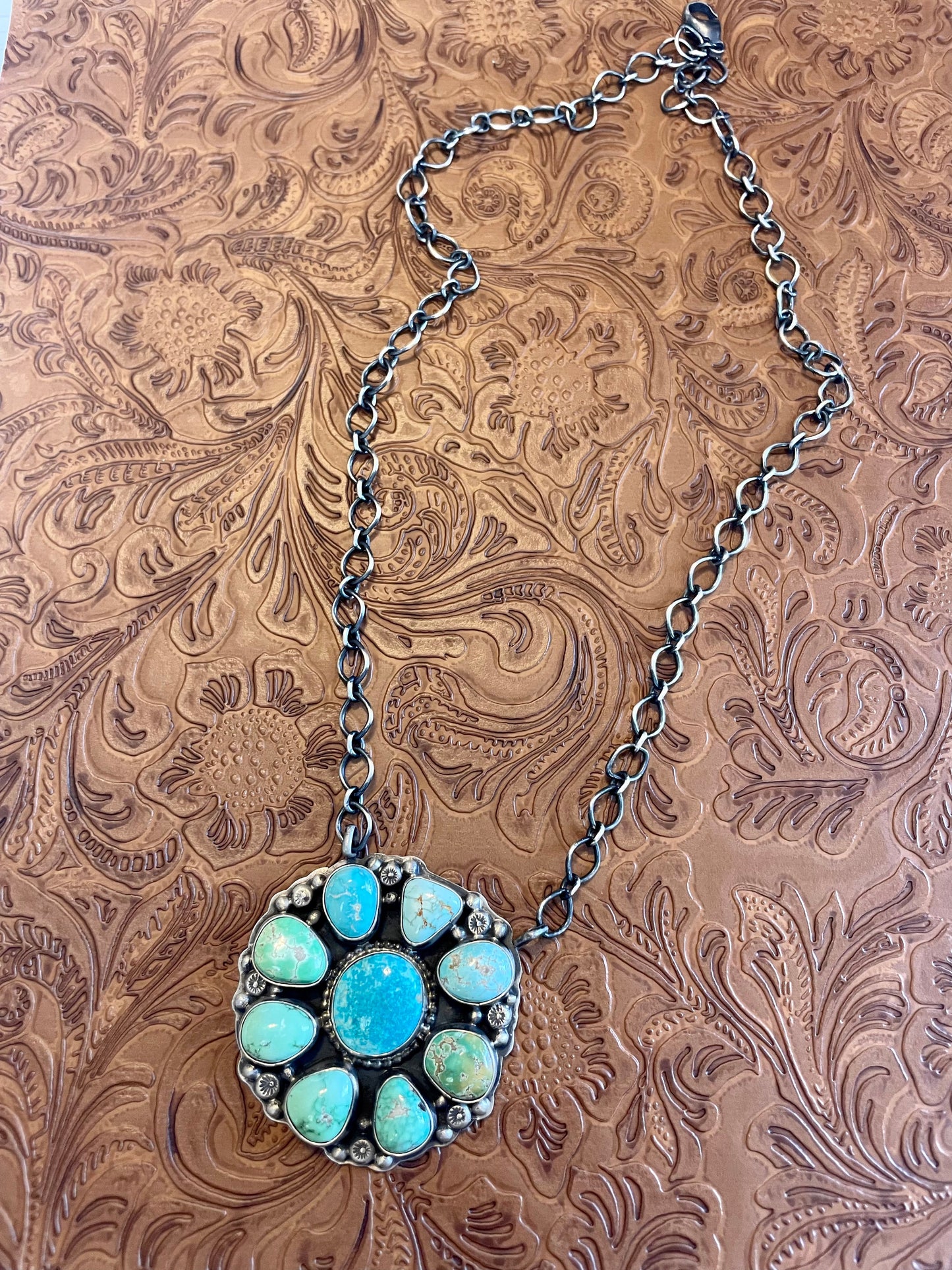 Navajo Carico Lake & Royston Turquoise Cluster Necklace Stamped & Signed