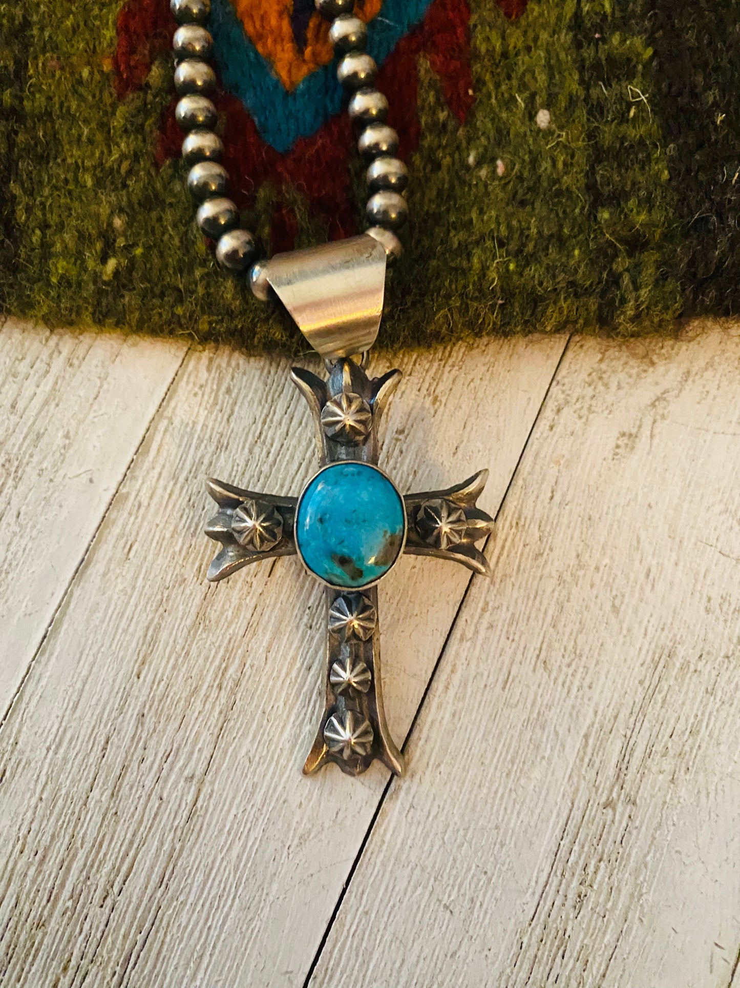 Navajo Sterling Silver & Turquoise Cross Pendant By Chimney Butte