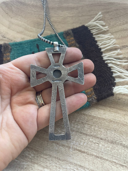 Navajo Sterling Silver & Turquoise Cross Pendant Signed Eugene Mitchell