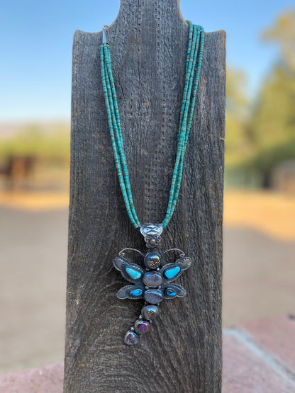 Shawn Cayatenito Sterling Silver Kingman Turquoise & Druzy Dragonfly Pendant