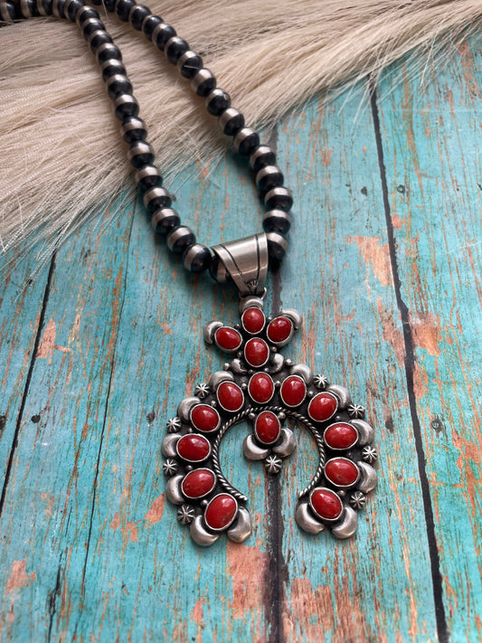 Navajo Natural Coral & Sterling Silver Naja Pendant Signed P Yazzie